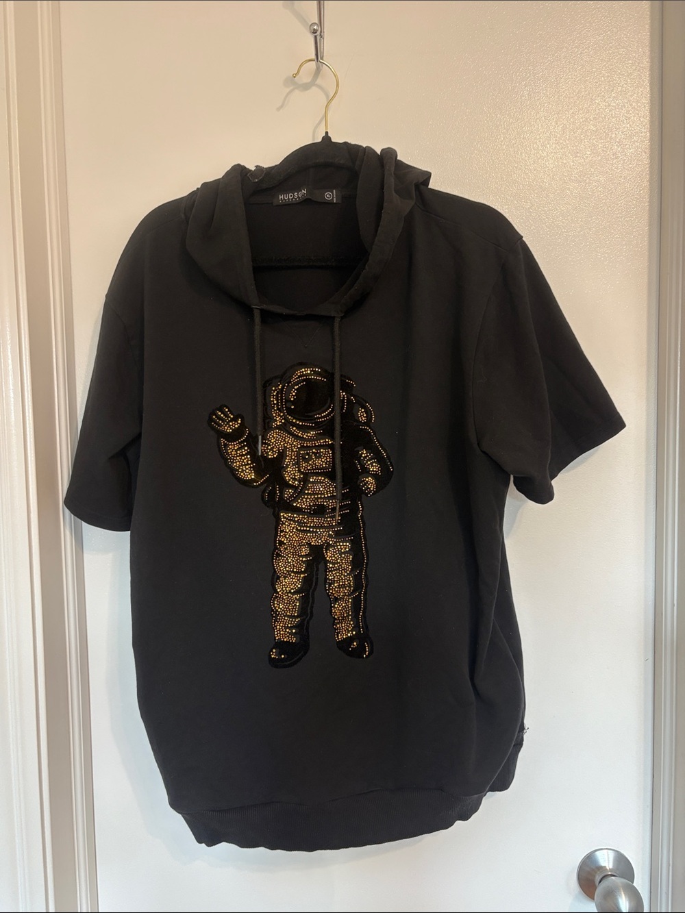 Hudson Jeans Black Short-Sleeve Hoodie with Gold Astronaut Motif